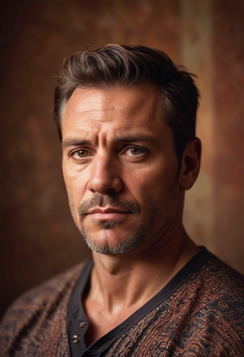 A powerful male portrait showcasing diverse expressions of masculinity, with a blend of vulnerability and strength. The subject, a middle-aged man, gazes thoughtfully, illuminated by warm, dramatic lighting. In the background, subtle abstract patterns symbolize emotional complexity, while soft color gradients evoke feelings of introspection. super-realistic. moody lighting. vibrant colors.