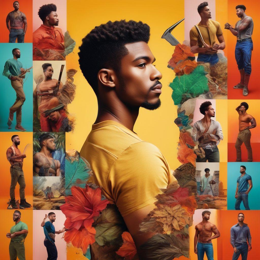 A dynamic collage showcasing various representations of masculinity through visual imagery, featuring strong male figures in diverse poses, textures of traditional and modern art styles, and symbols of strength like nature, tools, and urban landscapes. The background should blend warm and bold colors, evoking a mix of emotions and power. Include elements that represent different cultures and eras to highlight diversity in masculinity. super-realistic. vibrant colors. 3D.