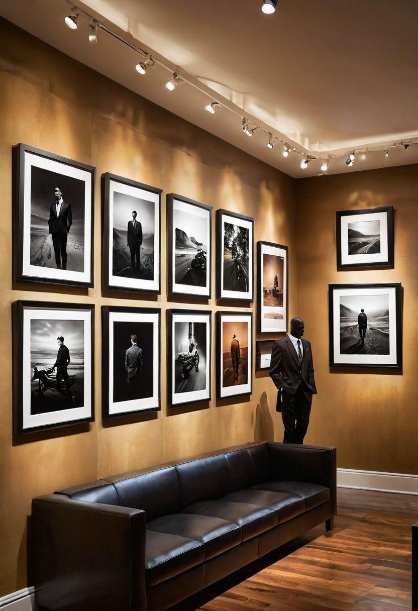 A captivating gallery interior showcasing masculine-themed art and photography. The walls display bold, dynamic artworks featuring male figures and landscapes, all in warm tones. Soft ambient lighting illuminates the pieces, creating an inviting atmosphere. Include a stylish art viewer, pondering a framed photograph, emphasizing the journey through masculinity. super-realistic. warm colors. modern gallery setting.